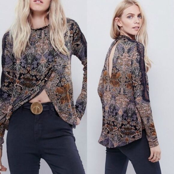 Free People New World Nouveau Jersey Lace Inset Top in Coal Combo - Picture 2 of 6